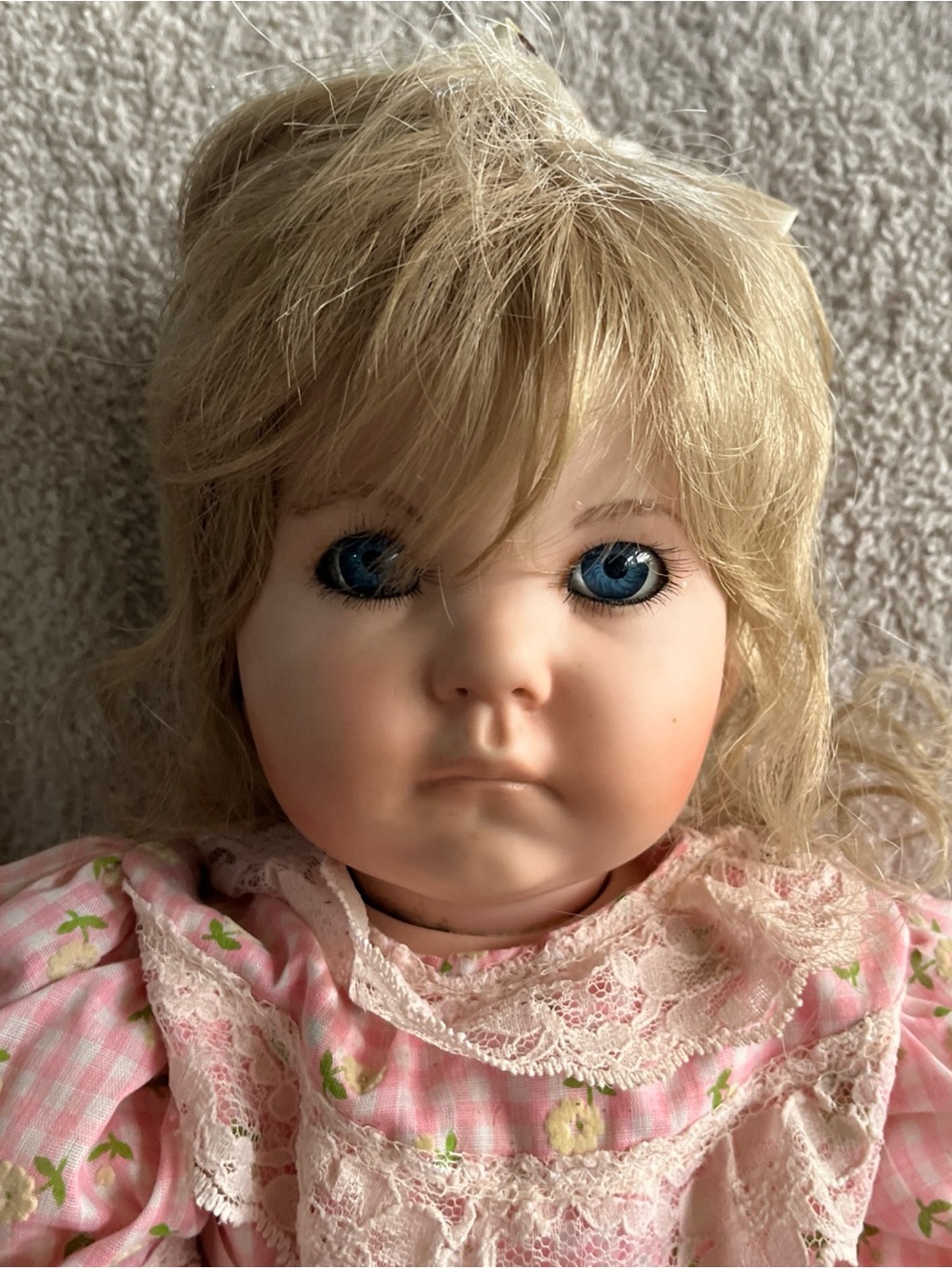 Vintage Life Size Porcelain Baby Doll Blue Eyes Blond Pink VTG Dress Hand Made